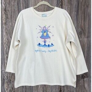 Quacker Factory Sweatshirt Women 1X Cream Embroidered Angel Believe Holiday XMAS